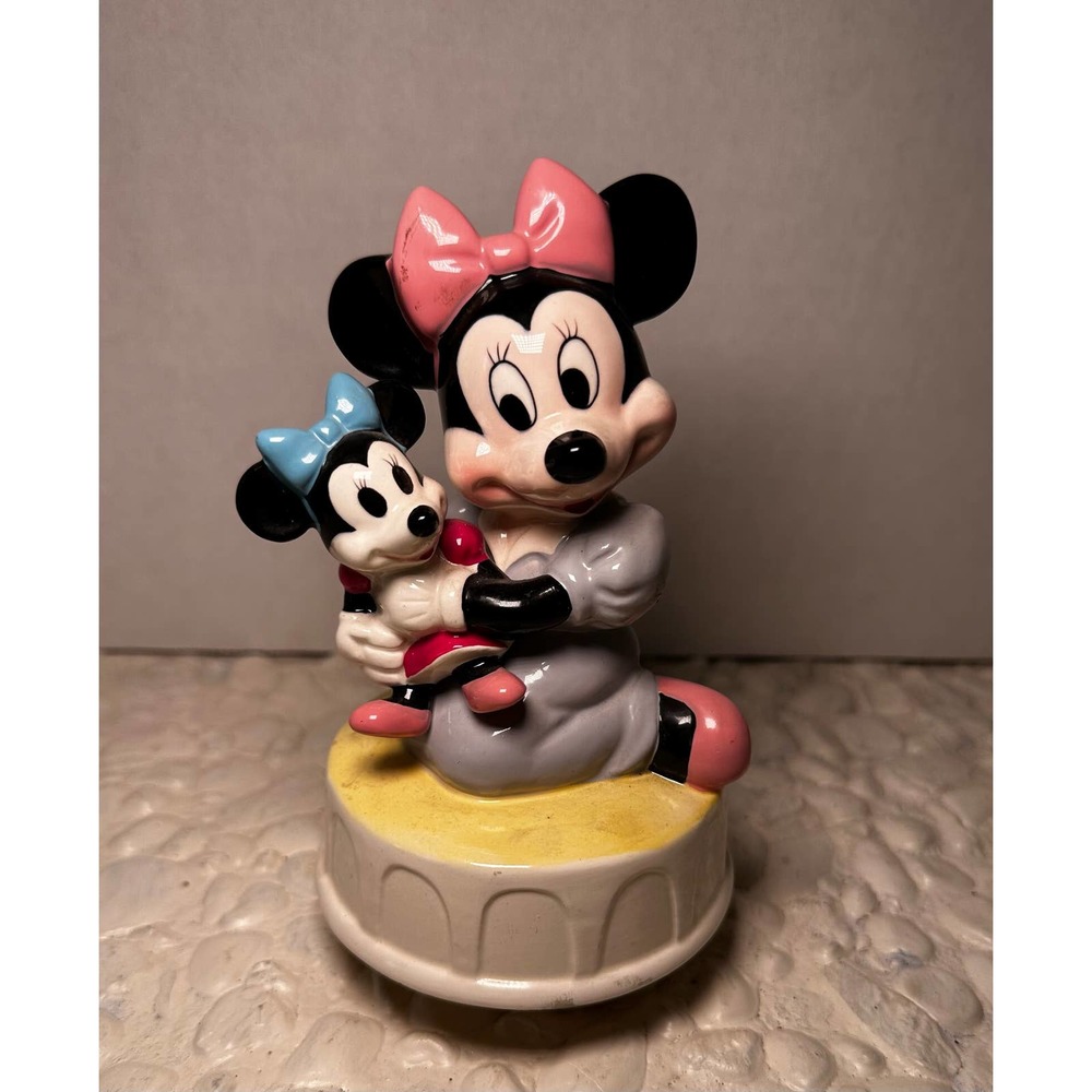 Rare Vintage Schmid Disney Minnie Mouse Music Box Hand Painted "Rock A Bye Baby"
